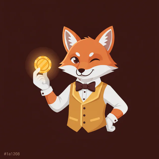 Foxley the dapper fox dealer, Livre Spins mascot, wearing a gold-trimmed waistcoat and bow tie